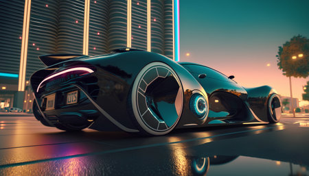 3D rendering of a brand-less generic concept car in the cityの素材