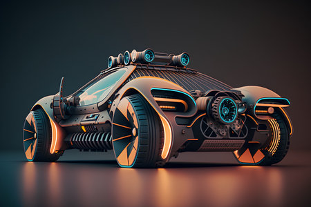 Futuristic car with neon lights on dark background. 3d renderingの素材