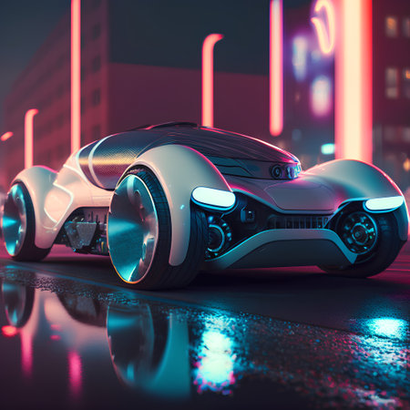 3D rendering of a concept car in the city with neon lightsの素材