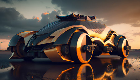3D render of a futuristic car in the city at sunset.の素材