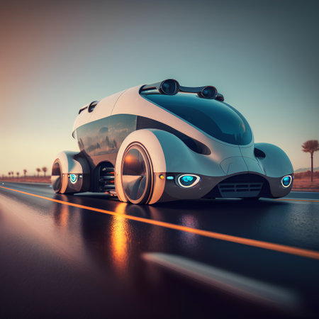 3D rendering of a concept car on the road in the desertの素材