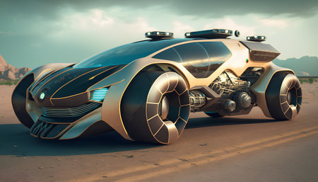 3D rendering of a brand-less generic concept car in the desertの素材