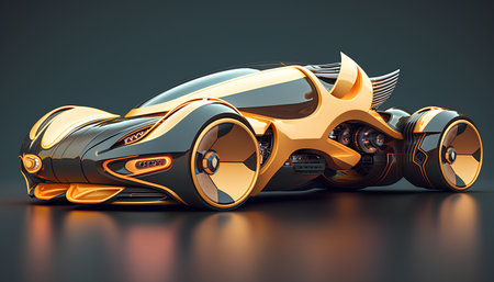 Metallic futuristic concept car on a dark background. 3d renderingの素材