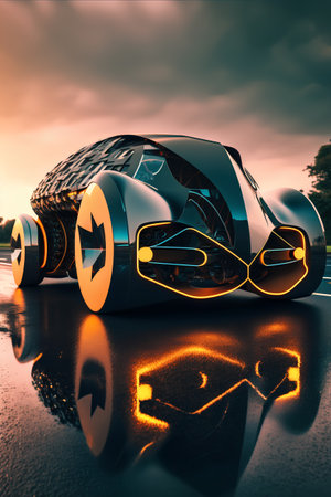 3D render of a concept car on the road at sunset.の素材