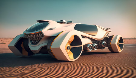 3D rendering of a futuristic car in the desert. 3D rendering.の素材