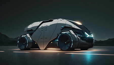 3D rendering of a futuristic car in the middle of the roadの素材