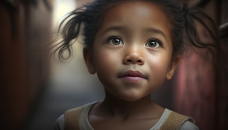 Portrait of a little girl in a dark room. Close-up.の素材