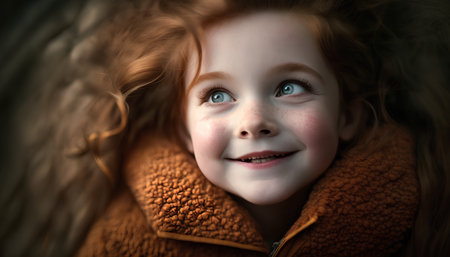 Portrait of a cute little girl with blue eyes in warm clothes.の素材