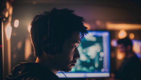 Portrait of young Asian man playing video games with headphones and computer.の素材