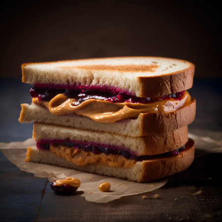 sandwich with berry jam on a wooden background. tinting. selective focusの素材