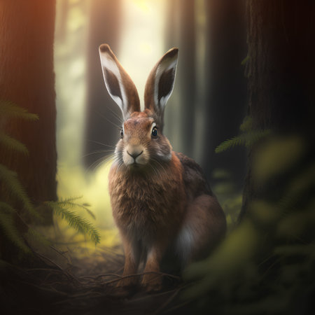 Rabbit in the forest at sunset. 3d rendering.  Illustration.の素材