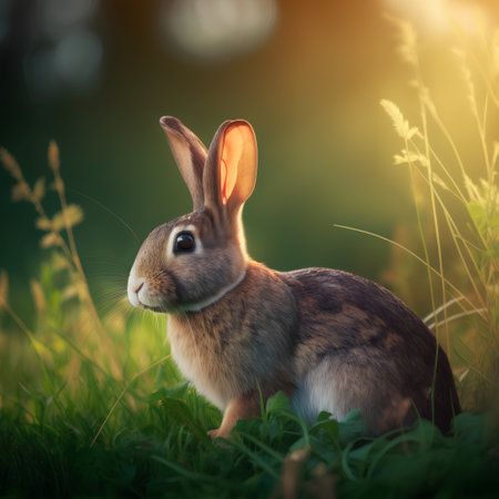 Rabbit in the meadow at sunset. Spring nature background.の素材