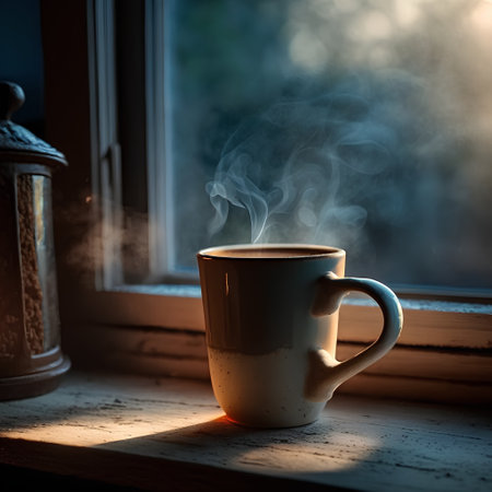 Cup of coffee on the windowsill with a light from the windowの素材