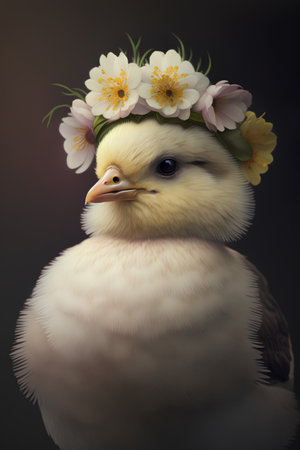 chick with a wreath on his head and flowers in her hairの素材
