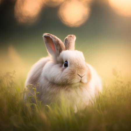 Cute little rabbit on green grass in sunset light. Easter bunny.の素材