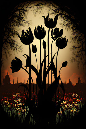 Tulips in the meadow at sunset. Illustration.の素材
