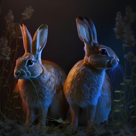 Two rabbits on a dark background in the grass. 3d renderの素材
