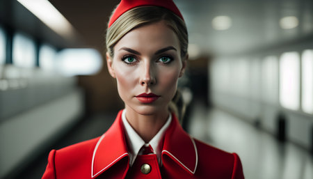 Portrait of a beautiful blonde woman in red coat and red capの素材