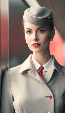 Portrait of beautiful stewardess in uniform. Stewardess in uniformの素材