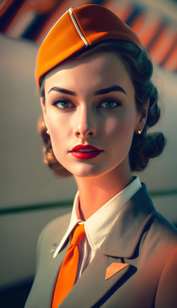 Portrait of a beautiful young woman in a beret and orange tie.の素材