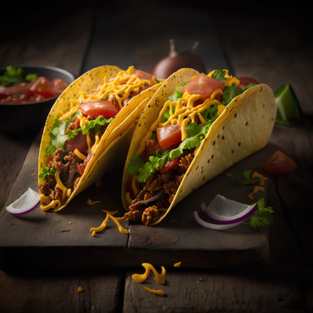 Mexican tacos with beef, tomato, onion and cheese on wooden backgroundの素材