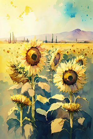 Watercolor illustration of sunflowers on the background of mountains.の素材