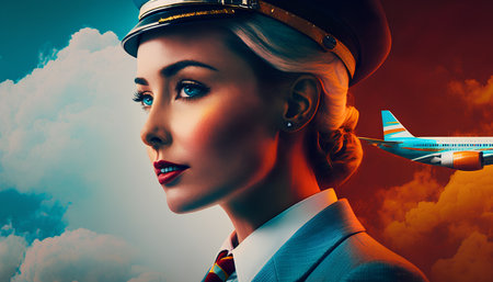 Portrait of a beautiful stewardess in uniform with airplane.の素材