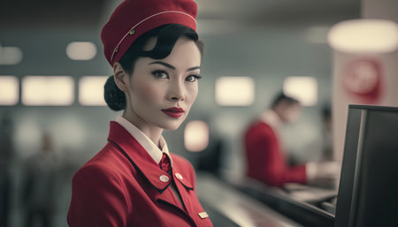 portrait of a beautiful asian stewardess in red uniformの素材