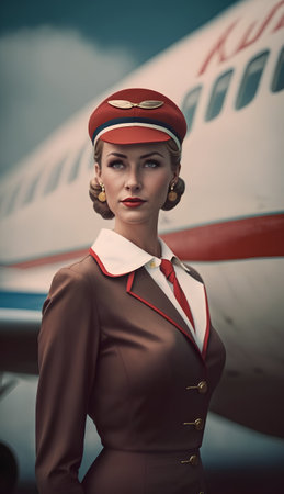 Portrait of a beautiful stewardess in uniform with airplane in the backgroundの素材