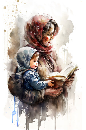 Watercolor illustration of a Muslim mother reading a book to her childの素材