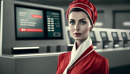 Beautiful young woman in a red suit at the cash terminal.の素材