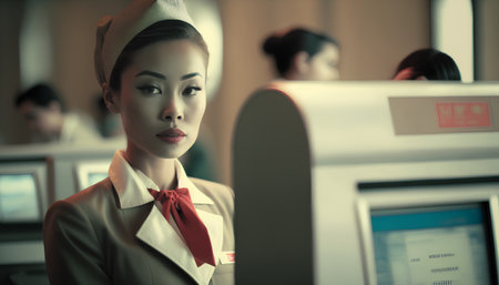 Beautiful asian stewardess in uniform, vintage color toneの素材