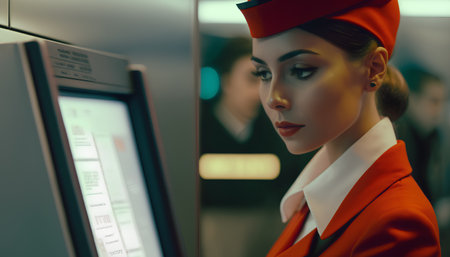 beautiful stewardess in red uniform at the airport check-in counterの素材
