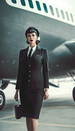 Beautiful stewardess in uniform with briefcase standing near airplaneの素材