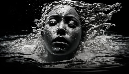 Black and white portrait of a woman in water with water splashesの素材