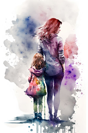 Mother and daughter. Watercolor illustration of a mother and daughter.の素材