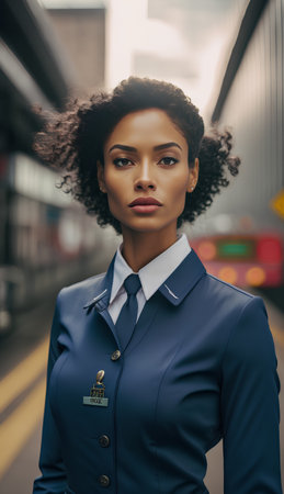 Beautiful african american woman with afro hairstyle wearing blue suit, posing in the cityの素材