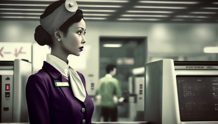 Image of asian woman stewardess in uniform standing in airportの素材