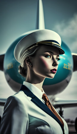 Portrait of beautiful stewardess in uniform on the background of an airplaneの素材