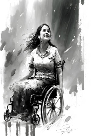 Handicapped woman in a wheelchair. Black and white painting.の素材