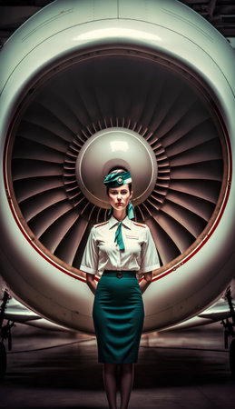 Portrait of a beautiful stewardess in uniform standing in front of an airplane engine.の素材