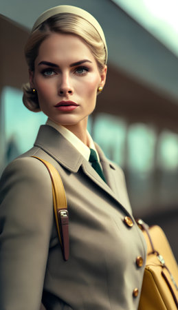 beautiful young woman in beige trench coat with handbag at airportの素材