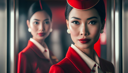 Portrait of beautiful asian woman in red coat and red cap.の素材