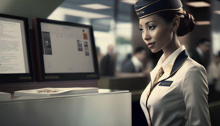 Portrait of a beautiful stewardess in uniform in the airport.の素材