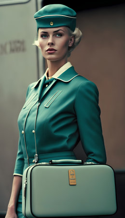 beautiful young stewardess in green uniform and hat with suitcaseの素材