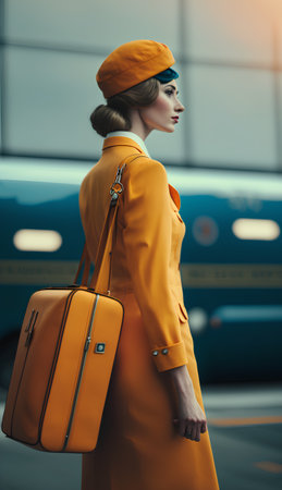 Stylish young woman in orange coat and beret with yellow suitcase on the streetの素材