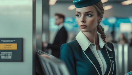 Portrait of a beautiful stewardess in uniform at the airportの素材