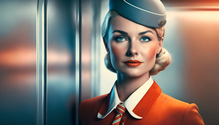 Portrait of beautiful stewardess in uniform. Retro style.の素材