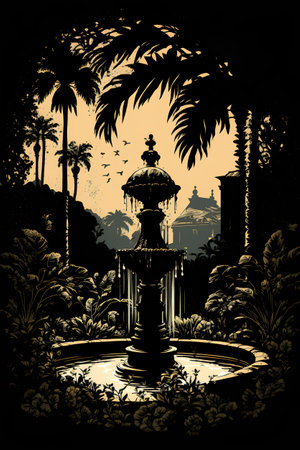 Vintage vector illustration of a fountain in a tropical garden with palm treesの素材