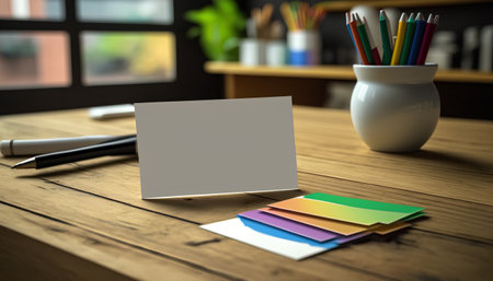 Blank business card on wooden table with colorful pencils and penの素材